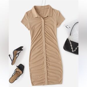 Button-down tan mini dress with Mesh overlay